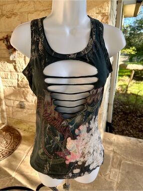 Where Eagles Dare Affliction Black Bleached Graphic Cutout Tank